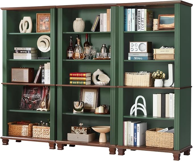 SAVOR LIFE 70" Tall Green Bookshelf,5 Tier Wooden Book Shelf with Adjustable Shelves & Wood Legs,Free Standing Farmhouse Bookcase with Open Display Storage,Vintage Bookshelves for Library, 3PCS