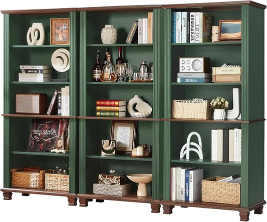 SAVOR LIFE 70" Tall Green Bookshelf,5 Tier Wooden Book Shelf with Adjustable Shelves & Wood Legs,Free Standing Farmhouse Bookcase with Open Display Storage,Vintage Bookshelves for Library, 3PCS