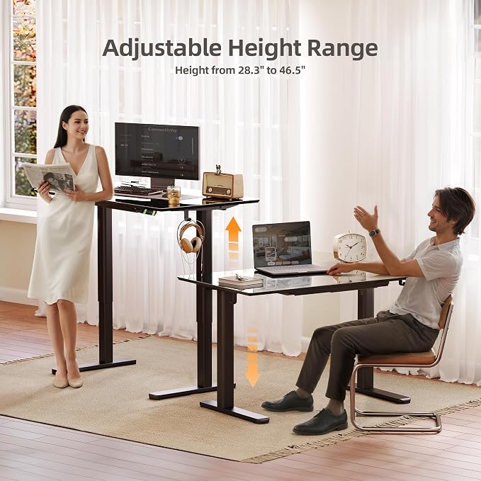 INNOVAR Glass Standing Desk with Drawers, 55×24 Inch Adjustable Stand Up Desk, Quick Install Home Office Computer Desk, Black