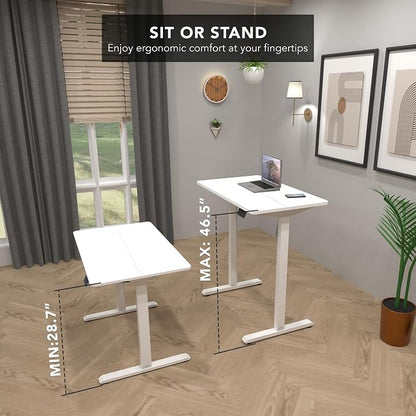 Mount-It! White Standing Desk 48x24 – Electric Height Adjustable Sit to Stand Desk with Memory Presets, Ergonomic Home Office Table, White Frame with White Splice Board Top