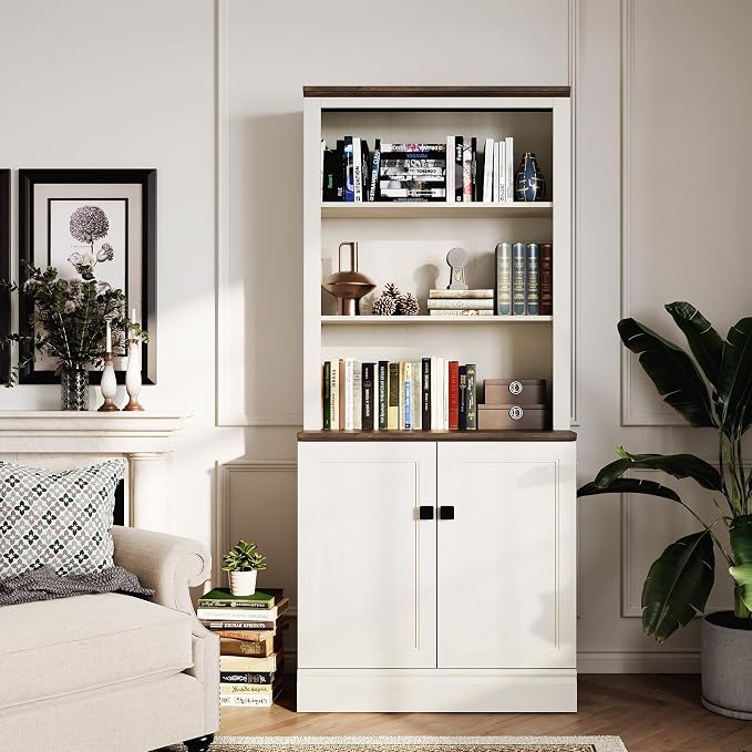 FENSULN 72 in Tall Bookshelf 5 Tier Bookcase with Adjustable Shelves, Antique White Book Shelf with Storage Cabinet, Wood Freestanding Display Bookshelves for Home Office，Bedroom, Living Room