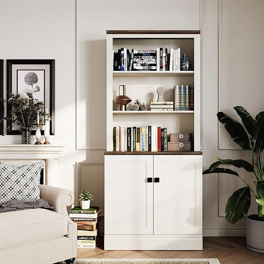 FENSULN 72 in Tall Bookshelf 5 Tier Bookcase with Adjustable Shelves, Antique White Book Shelf with Storage Cabinet, Wood Freestanding Display Bookshelves for Home Office，Bedroom, Living Room