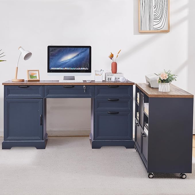 60" Farmhouse Executive Desk with 40" Mobile File Cabinet,L Shaped Desk Set with Charging Station,Office Desk with Storage Drawers,Wood Computer Desk Set for Office Work,Home Study