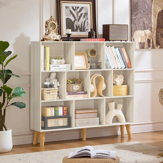 LEYAOYAO 10 Cube Bookshelf,3 Tier Modern Wide Bookcase with Legs,Mid-Century Wood Bookshelves Storage,Light Grey White Large Book Case,Freestanding Organizer Display Shelf for Living Room,Office