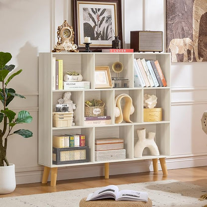 LEYAOYAO 10 Cube Bookshelf,3 Tier Modern Wide Bookcase with Legs,Mid-Century Wood Bookshelves Storage,Light Grey White Large Book Case,Freestanding Organizer Display Shelf for Living Room,Office