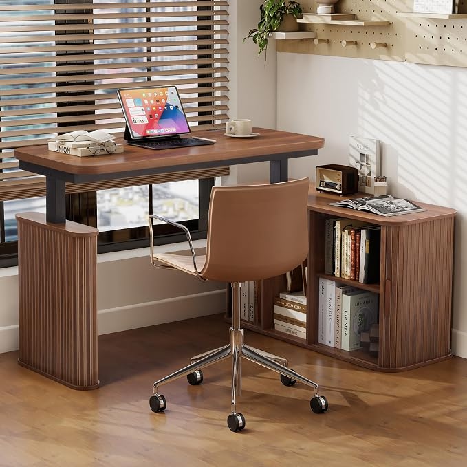 L Shaped Standing Desk with Storage, 47" Electric Desk Height Adjustable Executive Desk with Drawers, Sliding Door Wood Desk Office Sit Stand up Desk for Work, Study, Writing, Walnut