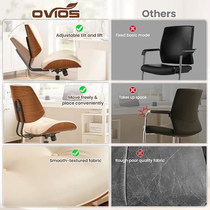 ovios Home Office Chair with Wheels, Modern PU Leather Swivel Computer Desk Chair, Mid Back Adjustable Height Armless Walnut Chairs for Office (White Button)