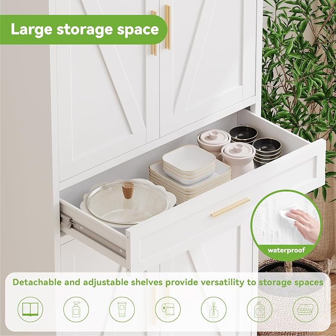 Baborokic 71" Tall Metal Storage Cabinet with Adjustable Shelves,Farmhouse Kitchen Pantry Cabinet with 2 Barn Doors and Drawer,Large Storage Cabinets for Dining Room,Office,Kitchen(White)