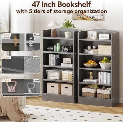 ALISENED 5-Tier Bookcase, Open Bookshelves and Bookcases with Storage Shelves, Floor Standing Unit, Display Storage Shelves for Bedroom Library Living Room Home Office, Dark Gray