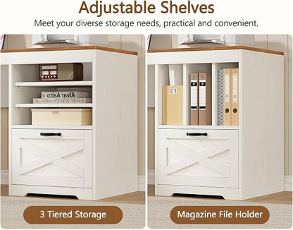 YOMILUVE Farmhouse 63" L Shaped Desk with Drawers and Storage Shelf, Home Office Desk with Power Outlets, Storage Cabinet, Corner Computer Desk with Long Monitor Stand, Brown and White