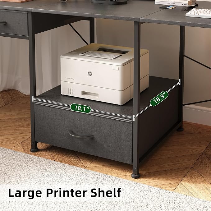 L Shaped Computer Desk, 78.7" Reversible Home Office Desk with Printer Storage Shelf & 3 Fabric Drawers, Two Person Desk with LED Lights & Power Outlet, Corner Gaming Desk with Monitor Shelf, Black