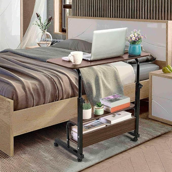 Adjustable Table Student Computer Desk Portable Home Office Furniture Small Spaces Sofa Bedroom Bedside Learn Play Game Desk on Wheels Movable with Storage Size 31.5 * 15.7 Inch Brown A