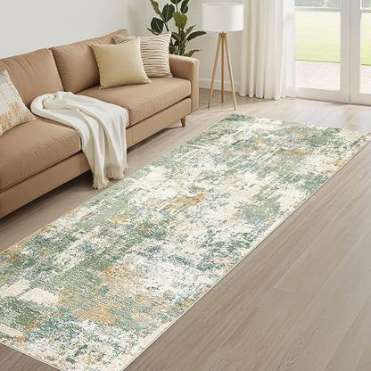 Runner Rug Kitchen Washable Rugs: 3x8 Non-Slip Abstract Soft Modern Stain Resistant Indoor Floor Neutral Accent Throw Carpet for Hallway Bathroom Laundry Room Entryway Bedroom- Green