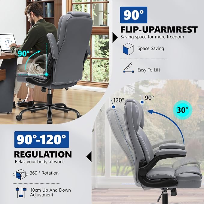 PU Leather Office Chair, Ergonomic High-Back Desk Computer & Gaming Chair with Adjustable Height, Rolling Swivel & Flip-Up Armrests, Comfy Padded Seat for Home Office-Gray