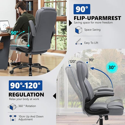 PU Leather Office Chair, Ergonomic High-Back Desk Computer & Gaming Chair with Adjustable Height, Rolling Swivel & Flip-Up Armrests, Comfy Padded Seat for Home Office-Gray