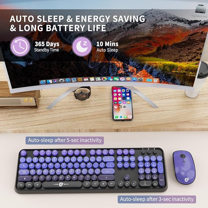 Wireless Keyboard and Mouse Combo, 104 Round Keys Cute Colorful Keyboard and Mouse with Retro Typewriter for PC Mac Laptop Tablet Computer Windows Black Purple