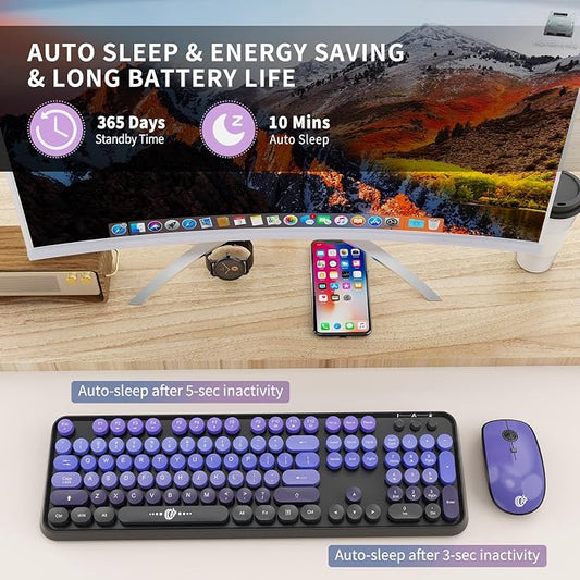 Wireless Keyboard and Mouse Combo, 104 Round Keys Cute Colorful Keyboard and Mouse with Retro Typewriter for PC Mac Laptop Tablet Computer Windows Black Purple