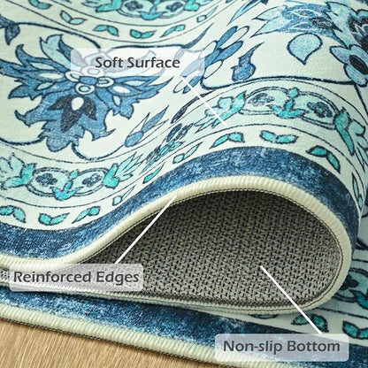 Goideal Washable Rug 8x10, Vintage Area Rugs Non Slip, Indoor Low Pile Carpet with Rubber Backing for Living Room Kitchen Bathroom Entryway Office Bedroom,Blue & Teal