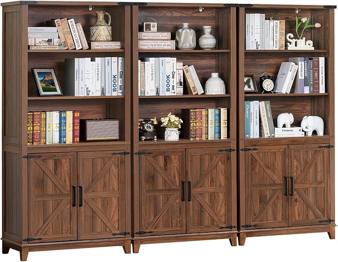 Joaxswe 70in Tall Bookshelf 5 Tier Bookcase with Barn Doors and Adjustable Shelves, Brown Farmhouse Book Shelf with Storage Cabinet, Wood Freestanding Display Bookshelves for Bedroom, Kitchen (3PCS)