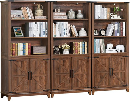 Joaxswe 70in Tall Bookshelf 5 Tier Bookcase with Barn Doors and Adjustable Shelves, Brown Farmhouse Book Shelf with Storage Cabinet, Wood Freestanding Display Bookshelves for Bedroom, Kitchen (3PCS)