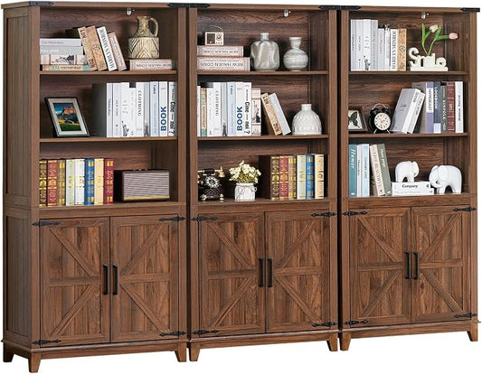 Joaxswe 70in Tall Bookshelf 5 Tier Bookcase with Barn Doors and Adjustable Shelves, Brown Farmhouse Book Shelf with Storage Cabinet, Wood Freestanding Display Bookshelves for Bedroom, Kitchen (3PCS)