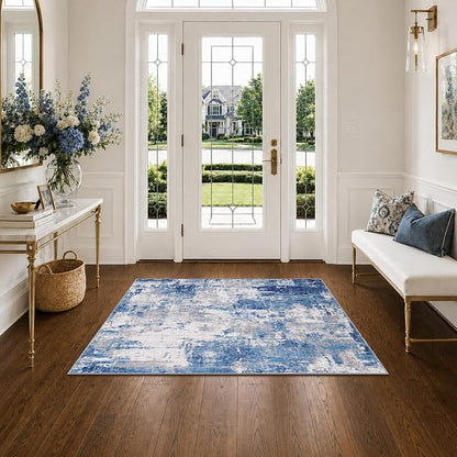 RELEANY Washable Area Rugs 3'x5' Non-Slip Modern Abstract Soft for Living Room Entryway Bedroom Kitchen, Print Pattern, Blue Grey Navy Gray