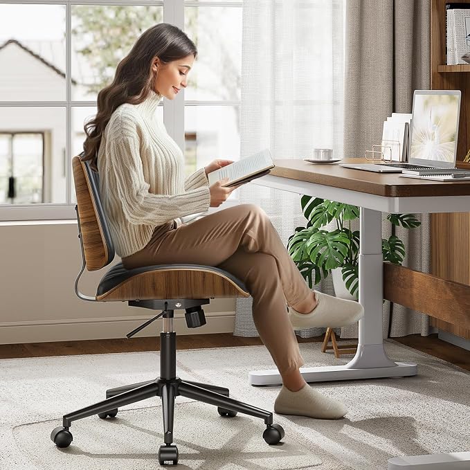 YaFiti Armless Office Chair, Mid Century Modern Desk Chair with Walnut Wood Back & SGS Level 3 Gas Lift, Swivel PU Leather Computer Chair for Small Space, Home Office, Bedroom, 300lbs Cap, Black