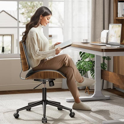 YaFiti Armless Office Chair, Mid Century Modern Desk Chair with Walnut Wood Back & SGS Level 3 Gas Lift, Swivel PU Leather Computer Chair for Small Space, Home Office, Bedroom, 300lbs Cap, Black