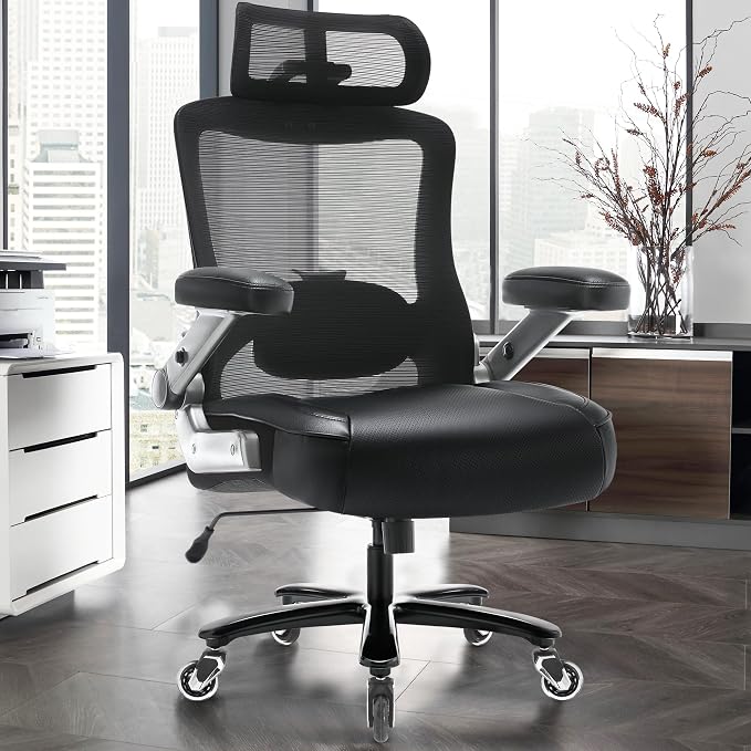Big and Tall Office Chair 600lbs with 3D Flip Arms Adjustable Headrest - Heavy Duty Large Wheels Executive Computer Desk Chair, Ergonomic Lumbar Support Mesh High Back Plus Size Chair for Adults