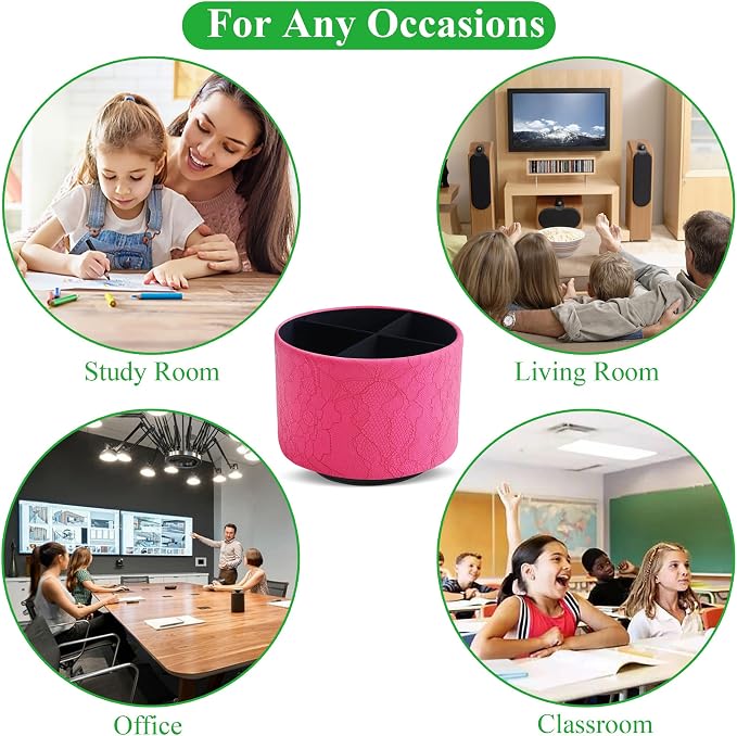 Round Leather Art Supply Organizer,Remote Control Holder,360 Degree Spinning,Multi-Functional Pencil Holder,4 Compartments Desktop Stationary Organizer(1-Lace Flower Rose Red)