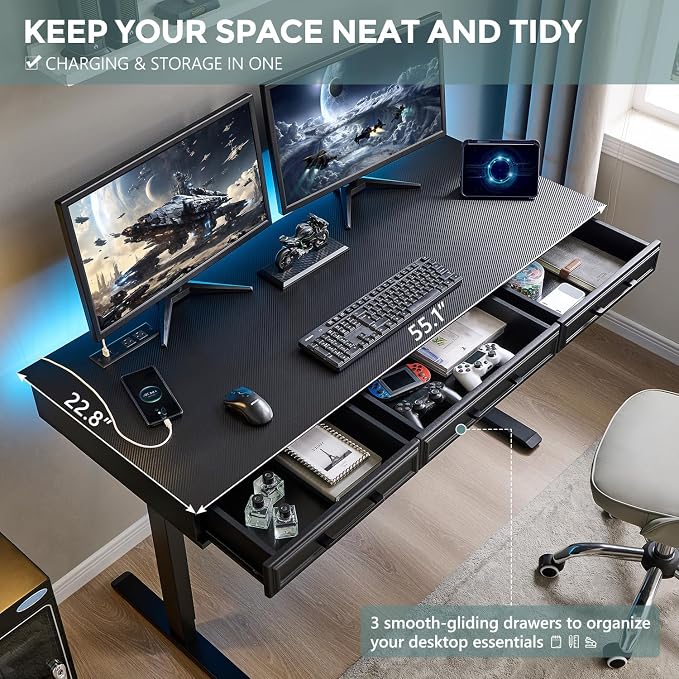 Electric Standing Desk with 3 Storage Drawers, 55x22 Inch Wood Adjustable Height Computer Desk w/One-Piece Desktop, Sit to Stand Up,Power Outlets, Gaming Table for Home Office and Study, Black