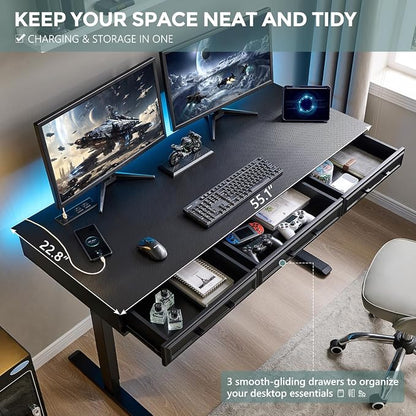 Electric Standing Desk with 3 Storage Drawers, 55x22 Inch Wood Adjustable Height Computer Desk w/One-Piece Desktop, Sit to Stand Up,Power Outlets, Gaming Table for Home Office and Study, Black