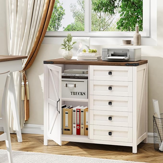 Halitaa 5 Drawer Storage Cabinet, Office Storage Cabinet with Door and Adjustable Shelf, Large Farmhouse Printer Stand for Home Office, Rustic White