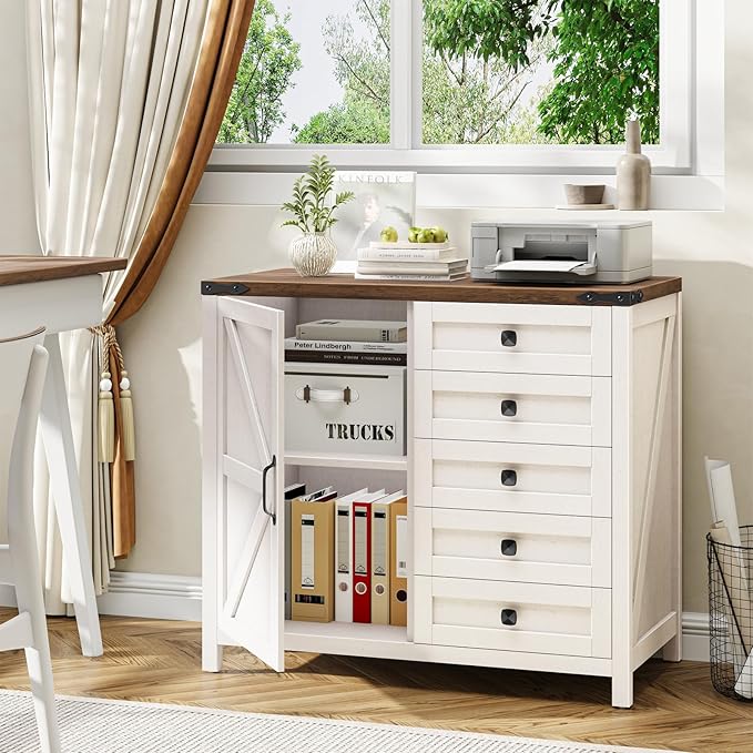 Vabches 5 Drawer Storage Cabinet, Office Storage Cabinet with Door and Adjustable Shelf, Large Farmhouse Printer Stand for Home Office, Rustic White
