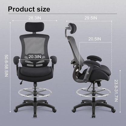 BOLISS 400lbs Ergonomic Drafting Chair,Tall Office Mesh Chair, Standing Desk Chair,Height Adjustable Armrest and Flip up Arms, Adjustable Lumbar Cushion (Black Frame Black Mesh)
