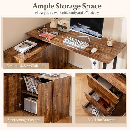 GOFLAME 54.5” L Shaped Computer Desk with Power Outlet, Reversible Corner Desk with File Cabinet and 3 Drawers, PC Desk Study Writing Table Workstation for Home Office, Small Space, Rustic Brown