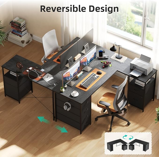 YOUDENOVA 55 Inch L Shaped Desk with Power Outlets & Type-C Port, Reversible Corner Computer Desk with 6 Drawers & File Cabinet, Large Workstation for Home Office, Gaming, Study, Black