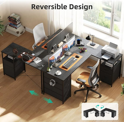YOUDENOVA 55 Inch L Shaped Desk with Power Outlets & Type-C Port, Reversible Corner Computer Desk with 6 Drawers & File Cabinet, Large Workstation for Home Office, Gaming, Study, Black