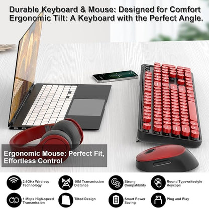 Wireless Keyboard and Mouse, COOFUN Retro Typewriter Keyboard with Round Keycaps, Full-Size Ergonomic, Ideal for Windows PC, Home, Office, and College Black and Red
