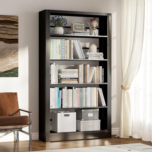 69" Tall Bookshelf, 5 Tier Black Bookcase with Adjustable Shelves, Freestanding Large Open Book Shelf Etagere Bookcase for Bedroom, Library, Living Room, Office