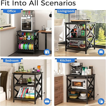 METYERRY Large Printer Stand with Power Outlet, with Height Adjustable Storage Shelf, 3 Tier Rolling Printer Cart with Industrial Wheels, 23.6 x 23.6 Inches Printer Table for Home Office,Black