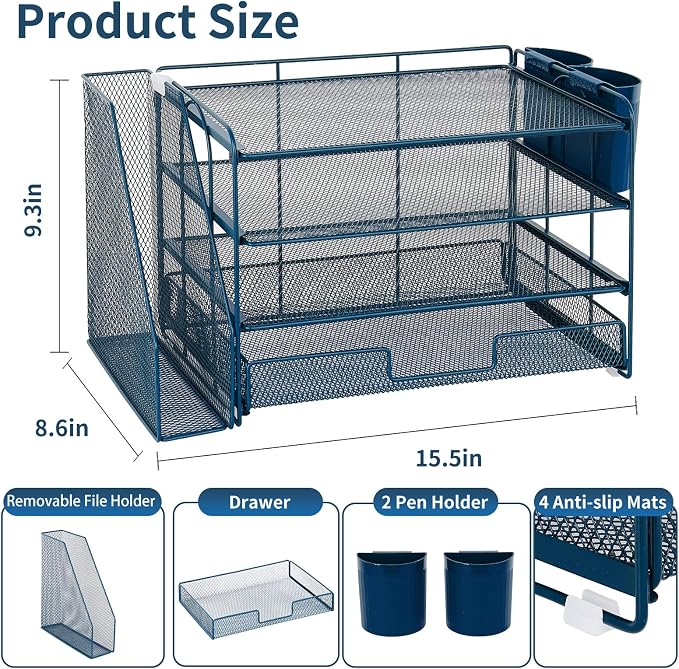 OPNICE Desk Organizer, 4-Tier Desktop File Organizer with Drawer and 2 Pen Holders, Office Desk Accessories, File Sorters, Workspace Organizers for Office Supplies(Dark Blue)