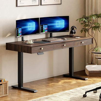 Electric Standing Desk with 3 Drawers, 55 x 24 Inch Height Adjustable Stand up Desk with Storage and Widened Legs, Retro Home Office Desks with Memory Controller for Computer Workstation, Walnut