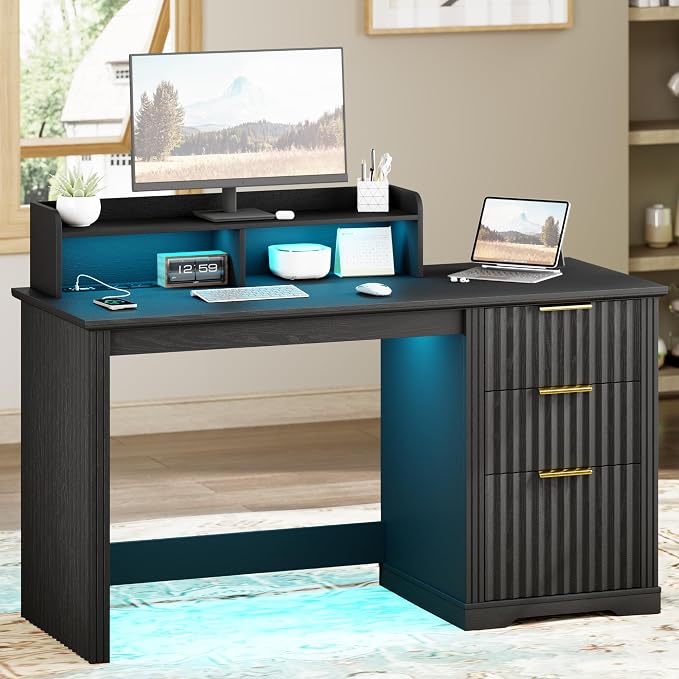 Lareth Computer Desk with Monitor Stand, 47 inch Home Office Desk with RGB LED Lights and Power Outlets, Writing Desk with Storage File Drawer for Working Gaming Writing, Black