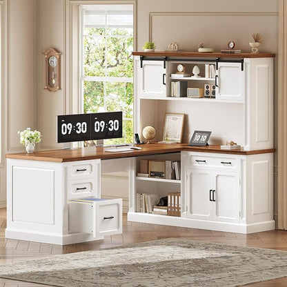 SEDETA 67" Farmhouse L Shaped Desk with Hutch, Executive Home Office Desks with 4 Drawers & Storage Cabinet, Corner Computer Desk with Sliding Doors, File Drawer & Power Outlet, White+Brown
