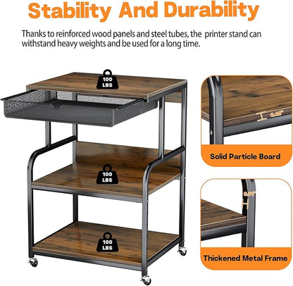 Large Printer Stand with Storage Shelf, Industrial Rolling Printer Cart Holder with Lockable Wheels, 5-Adjustable Heights, 3D Scanner Fax Printer Table for Home Office Use