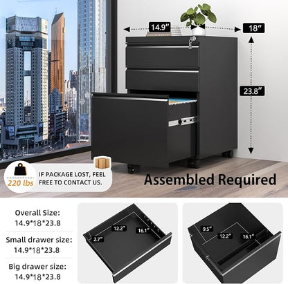 INTERGREAT 3 Drawer File Cabinet, Metal Filling Cabinets with Lock, Locking Office Mobile Cabinet with Wheels for Legal/Letter Size, Under Desk, Assembled Required, Black