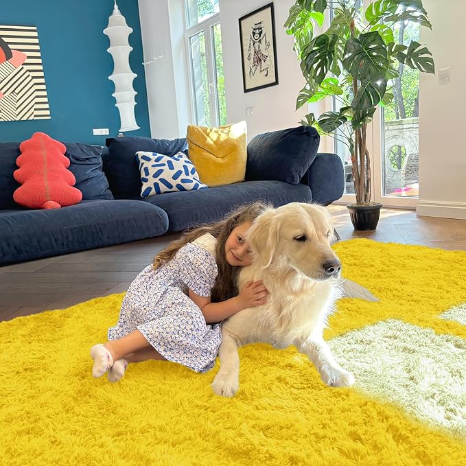 OLANLY 8x10 Machine Washable Large Area Rugs for Living Room, Bedroom, Soft Fluffy Shaggy Bedside Rug, Indoor Floor Carpet for Kids Girls and Boys, Dorms, Nursery, Home Decor Aesthetic, Yellow