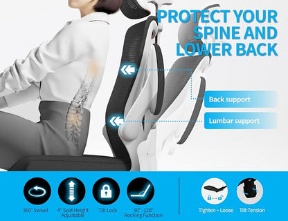 Ergonomic Office Chair - Mesh Desk Chair with Adjustable Lumbar Support High Back Computer Gaming Chairs - Big and Tall Office Chairs Adults, Comfortable for Long Hours, White Black