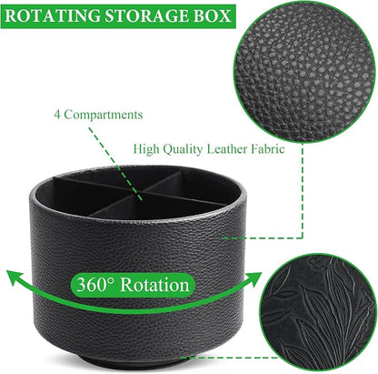 Round Leather Art Supply Organizer,Remote Control Holder,360 Degree Spinning,Multi-Functional Pencil Holder,4 Compartments Desktop Stationary Organizer(1-Lichee Black)